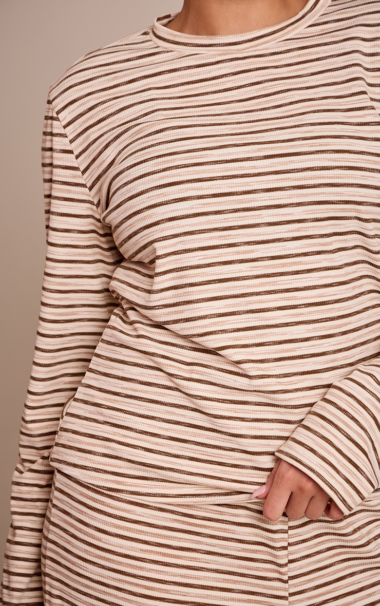 Plus Light Brown  Soft Rib Striped Detail  Fitted Long Sleeve Top  image 4