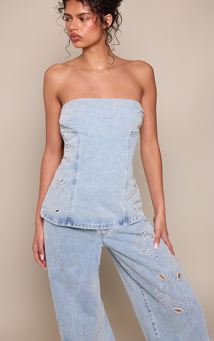 Mid Blue Embroidery Detail Longline Denim Bandeau Top