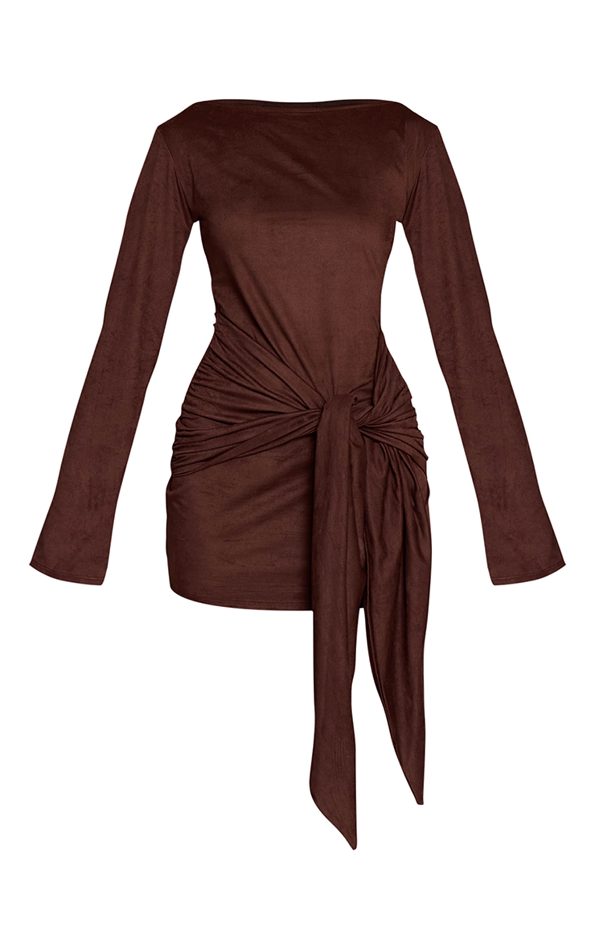 Chocolate Suede Boat Neck Tie Waist Detail Bodycon Dress image 5