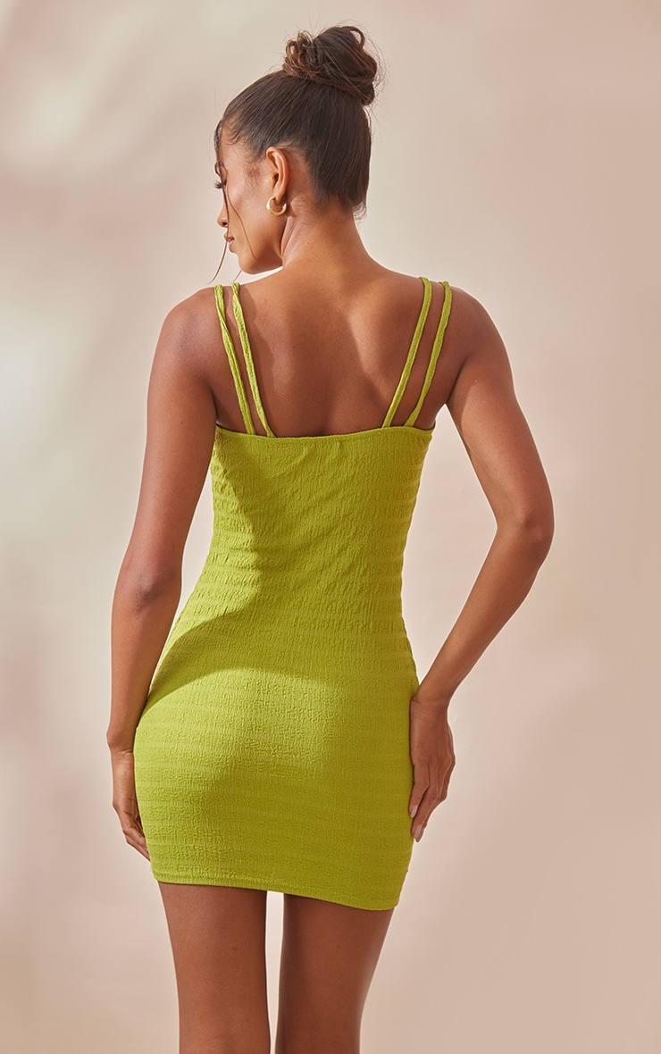 Lime Textured Double Strap Ruched Bodycon Dress PrettyLittleThing