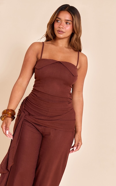 Shape Top en effet lin chocolat à détail replié