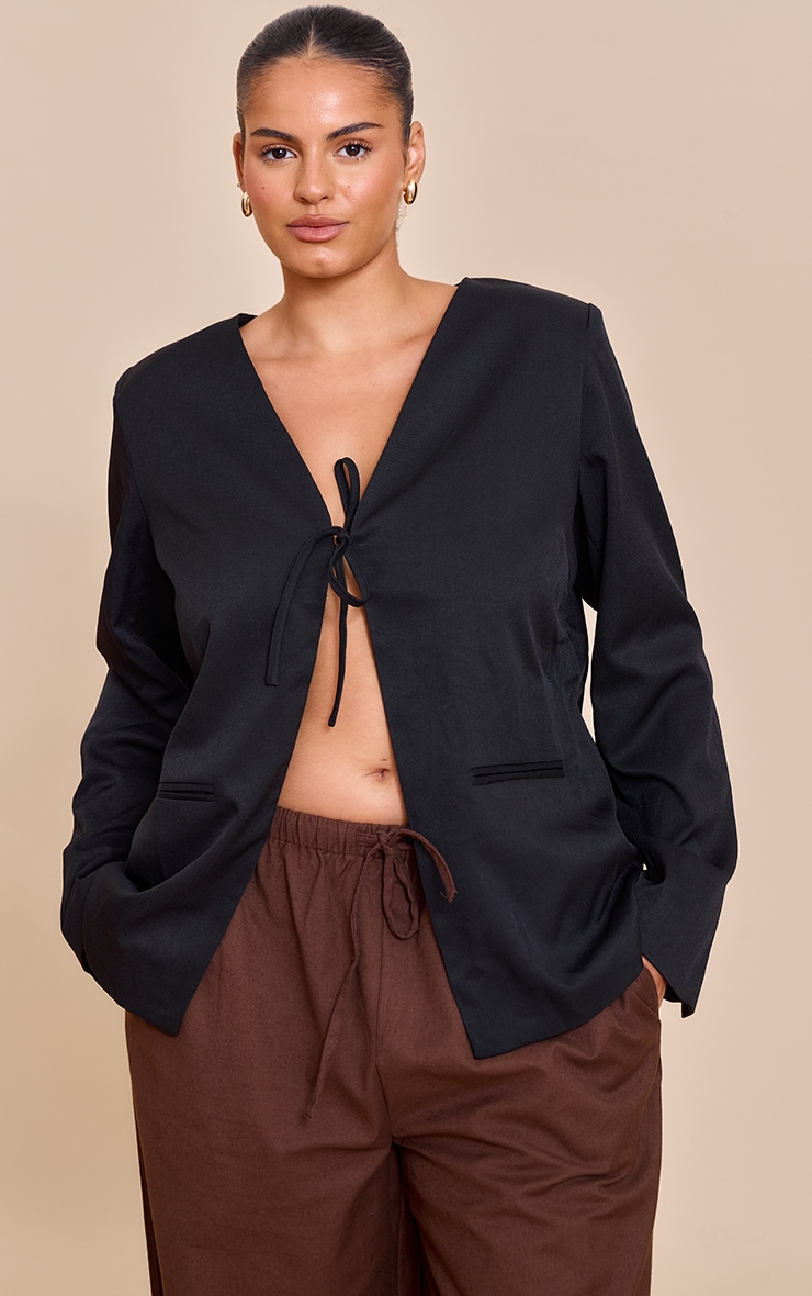 Plus Black Tie Up Boxy Blazer image 1