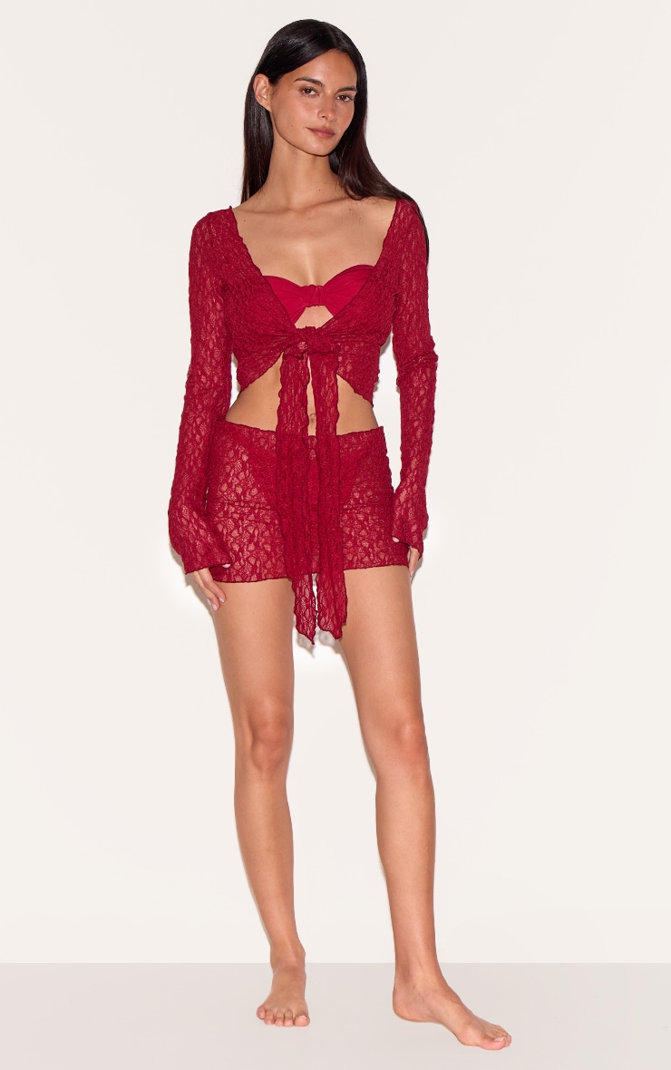 Berry Red Lace Tie Front Beach Top image 3