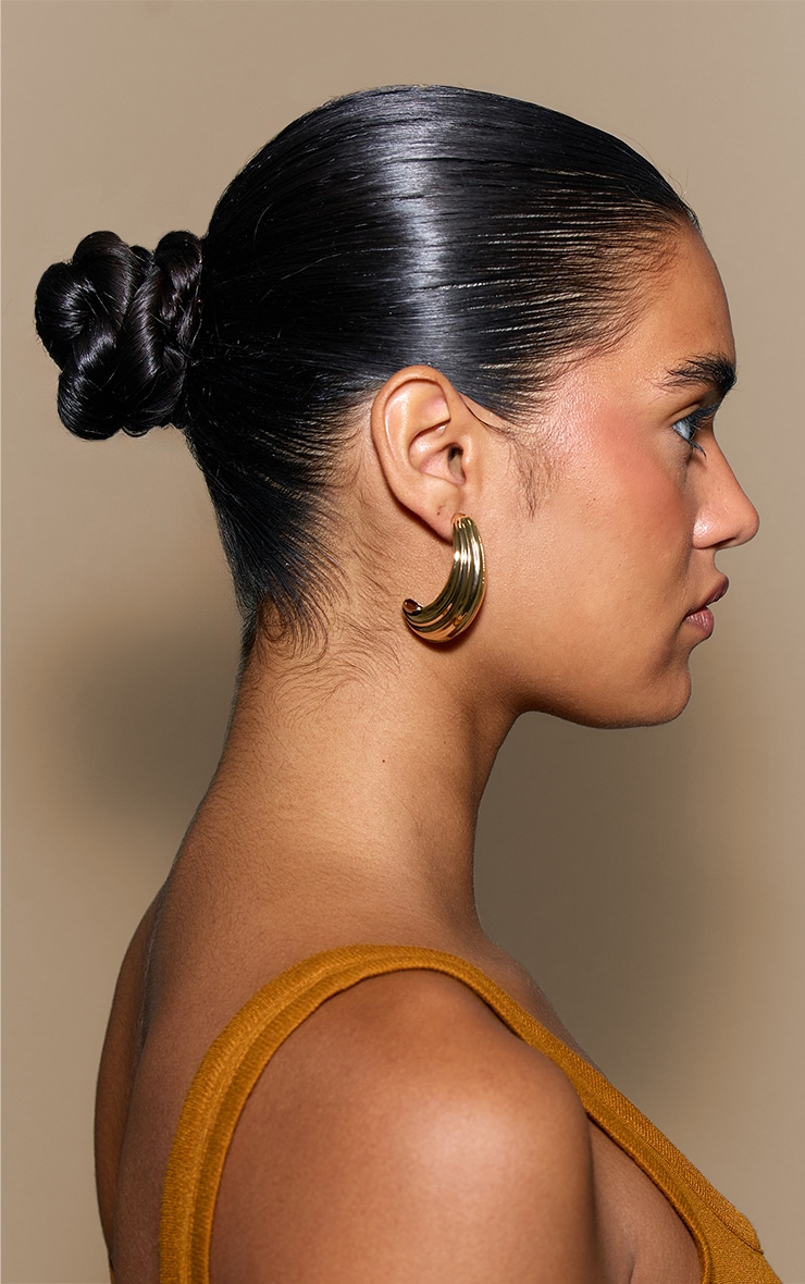 Gold Curved Textured Hollow Hoop Earrings image 1