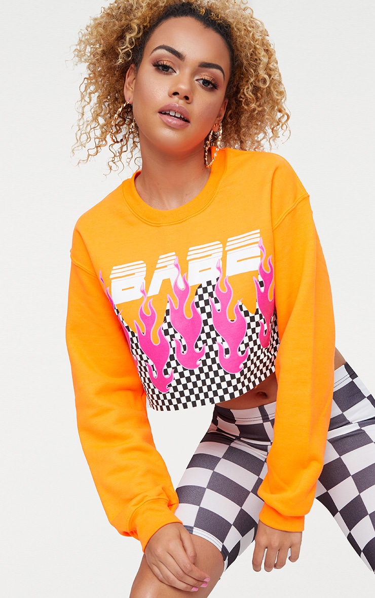 Babe Slogan Orange Motocross Cropped Sweater image 1