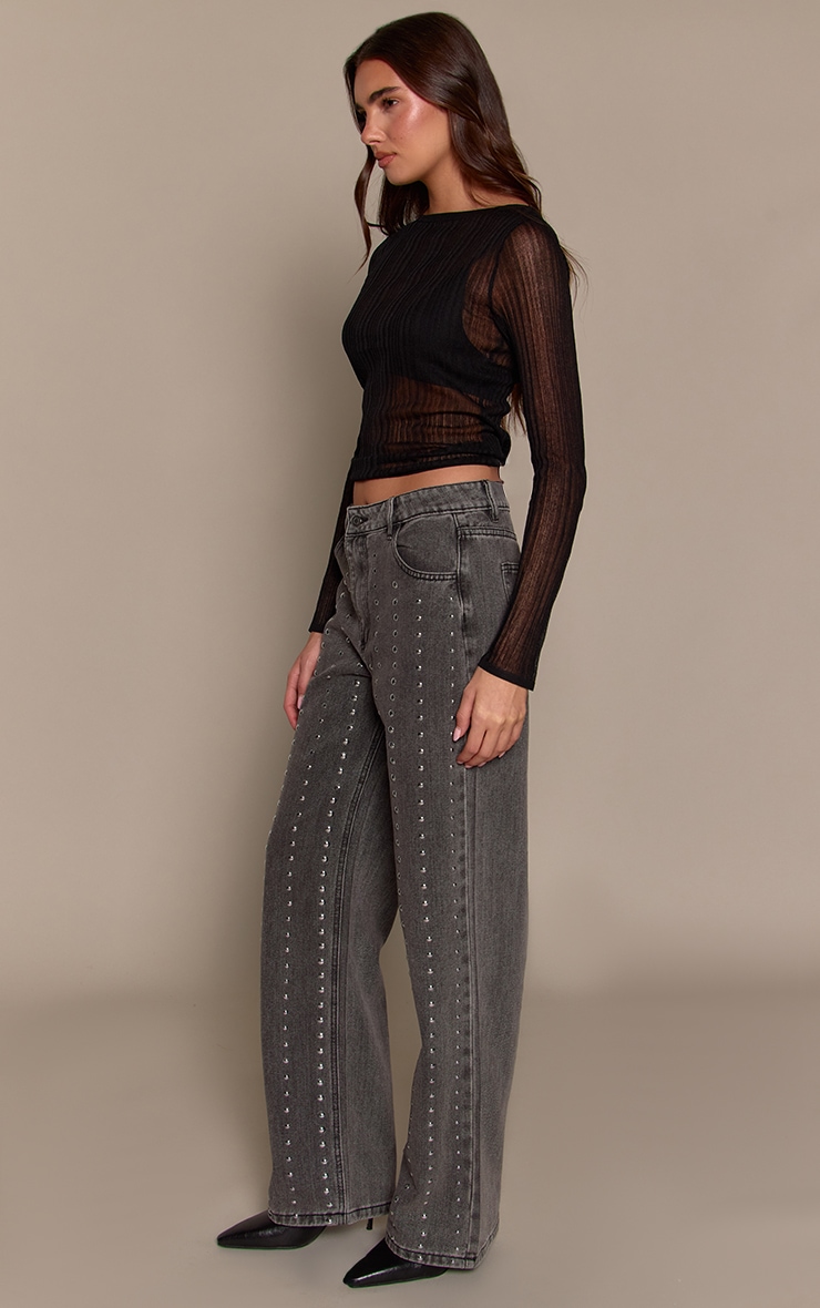 Washed Grey Studded High Waisted Denim Jeans image 2