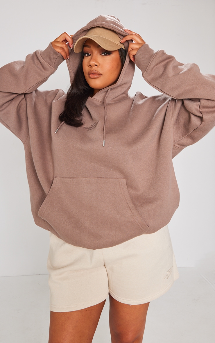 Plus Chocolate Brown Graphic Oversized Hoodie image 1