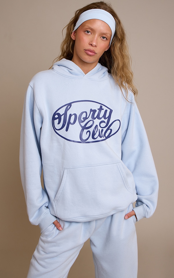 Light Blue Sports Club Cotton Fleece Oversized Pull Over Hoodie