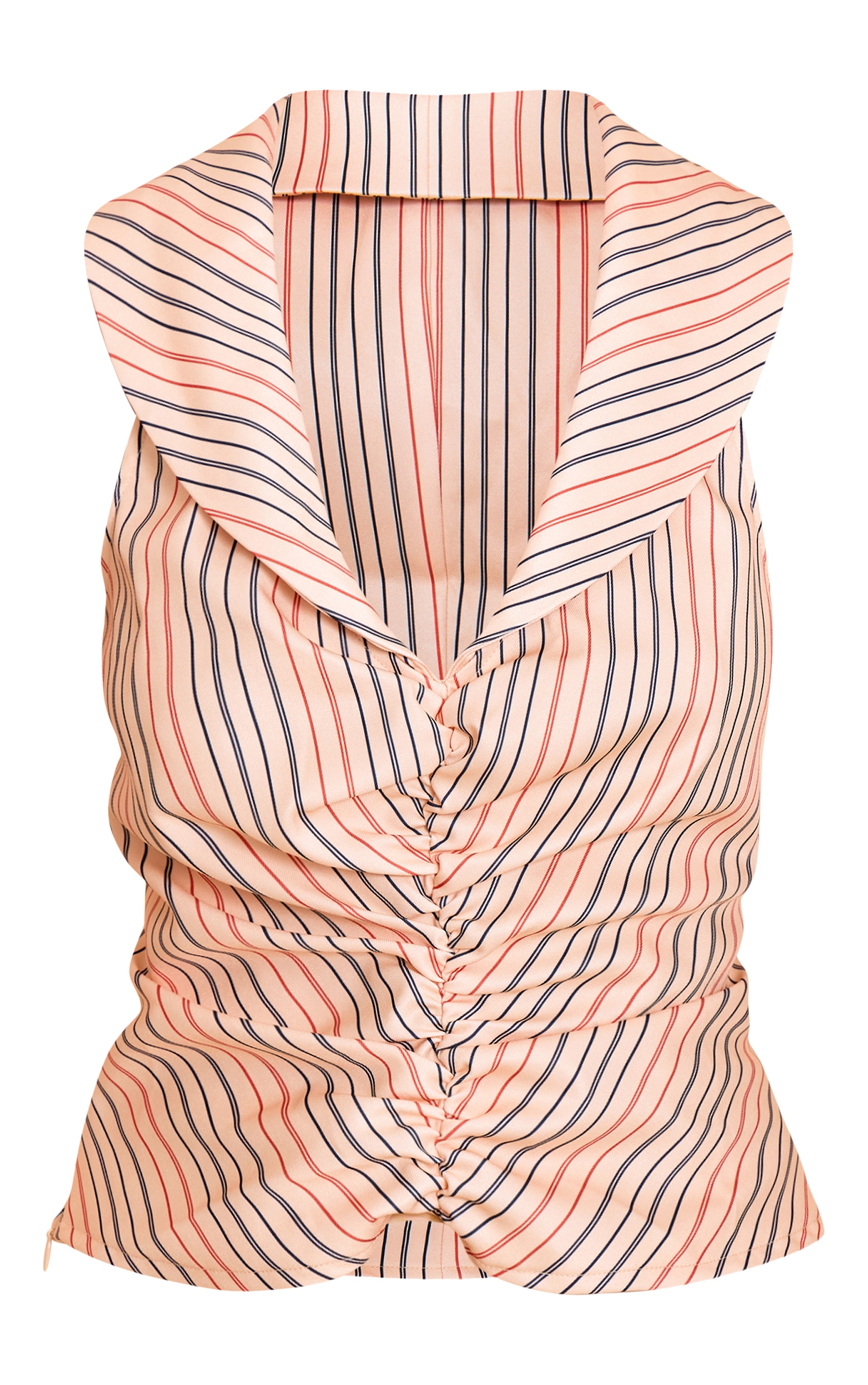 Beige Stripe Ruched Plunge Front Sleeveless Top image 5