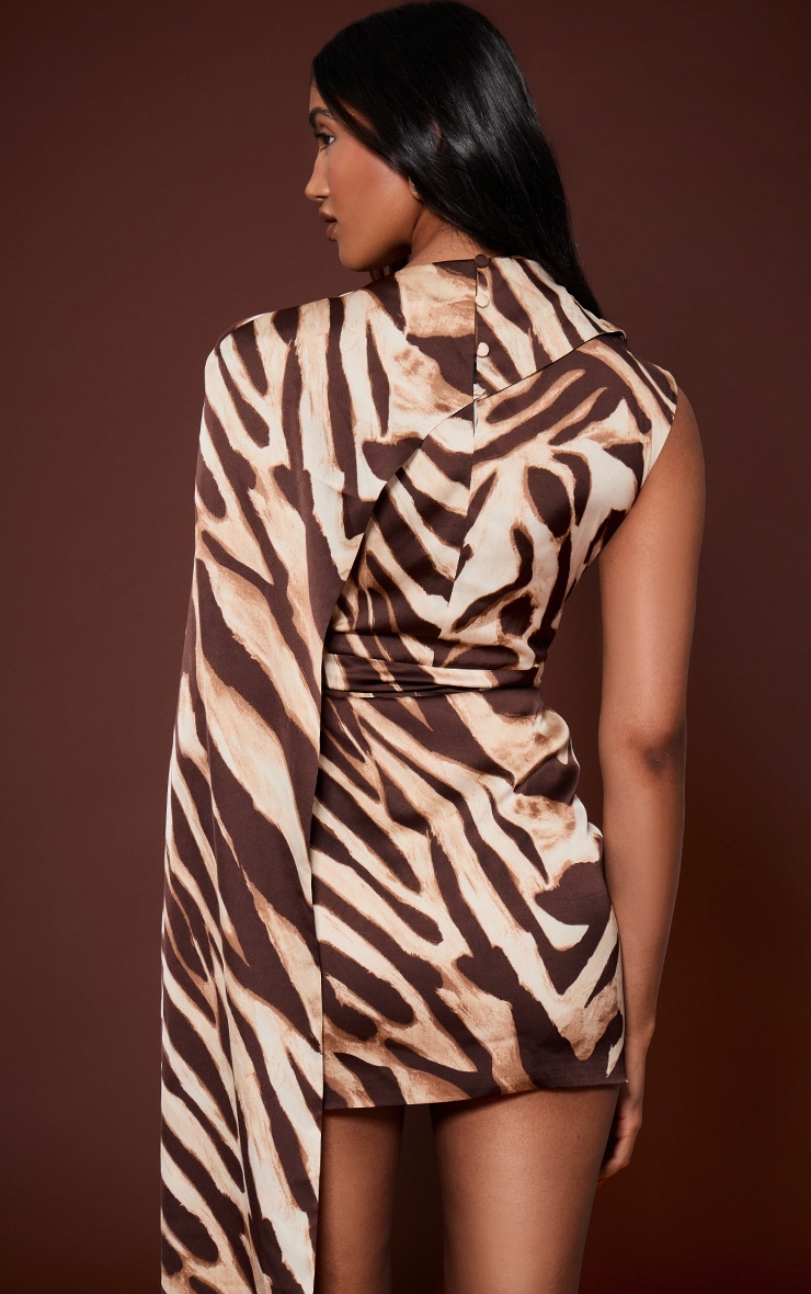 Brown Zebra Print Drape Detail Bodycon Mini Dress image 2