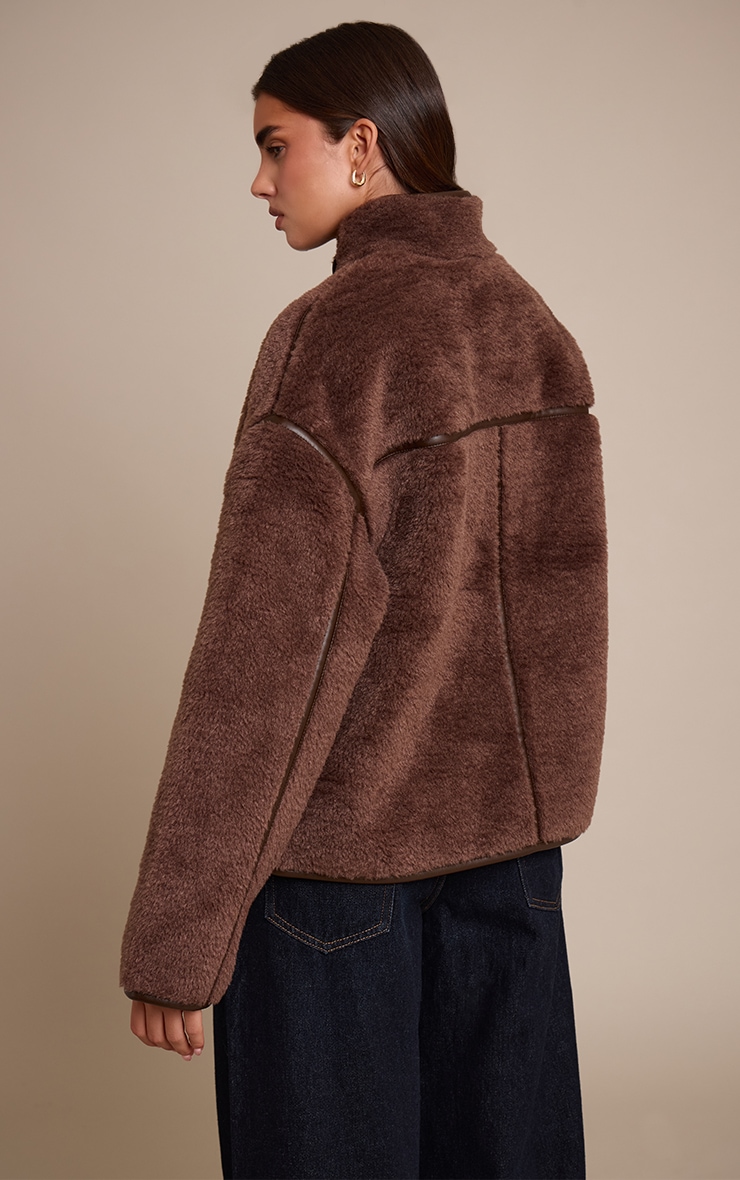 Chocolate Borg Faux Leather Contrast Coat image 2