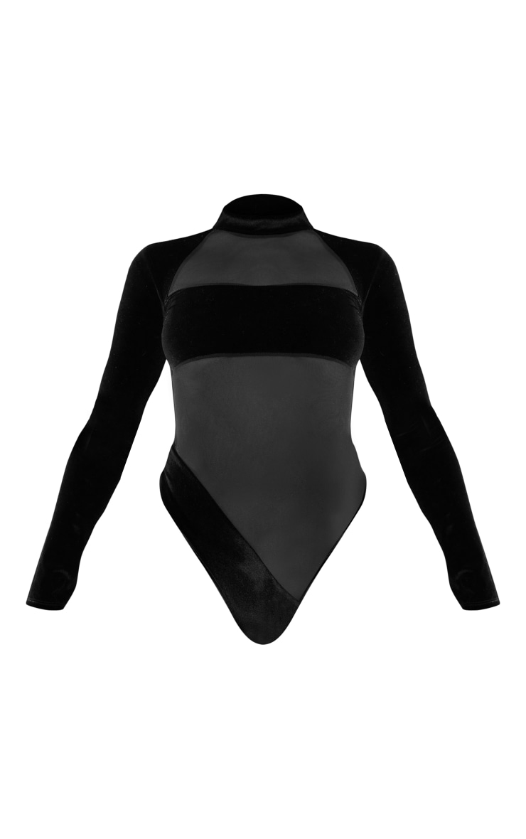 Black Velvet Mesh Panel High Neck Bodysuit PrettyLittleThing SA