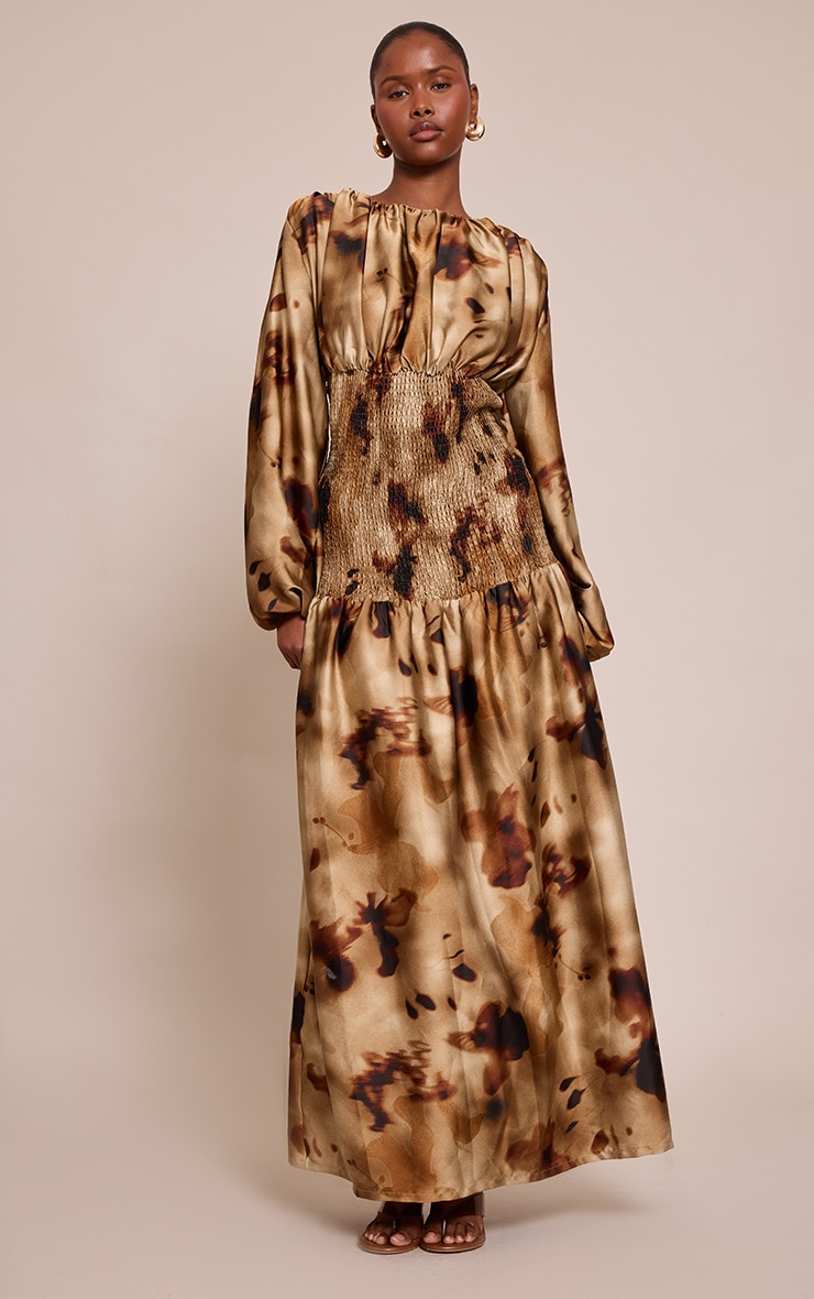 Green Abstract Long Sleeve Shirred Waist Maxi Dress image 1