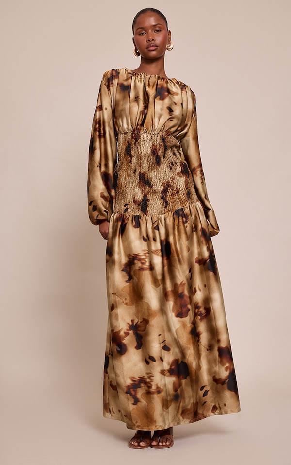 Green Abstract Long Sleeve Shirred Waist Maxi Dress
