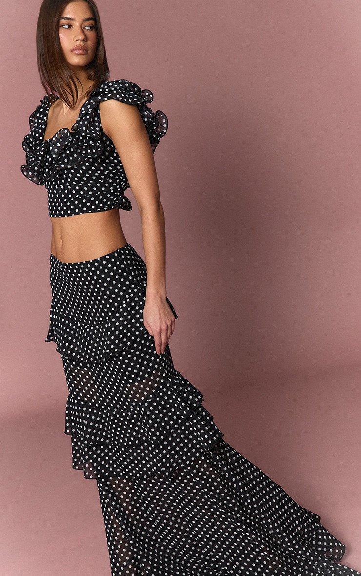 Black Chiffon Polka Dot Ruffle Crop Top image 4