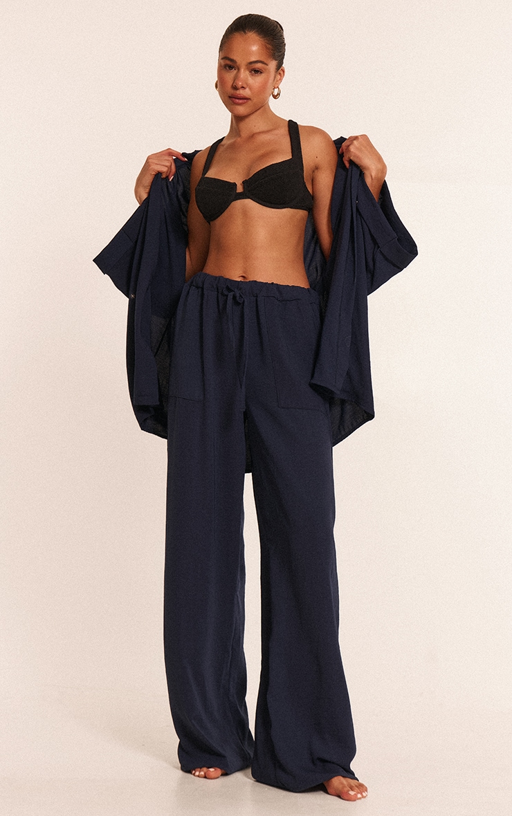 Navy Linen Look Drawstring Beach Pants image 1