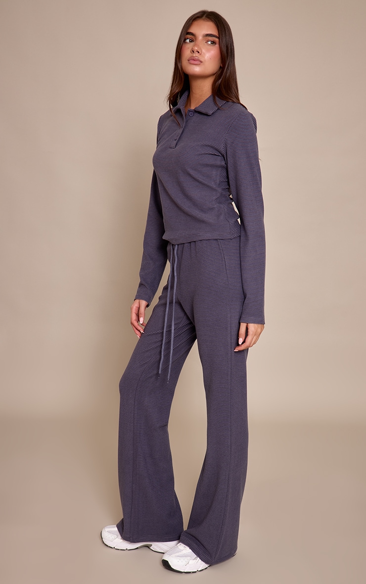 Grey Soft Fleece Pinstripe Collar Detail Long Sleeve Top image 3