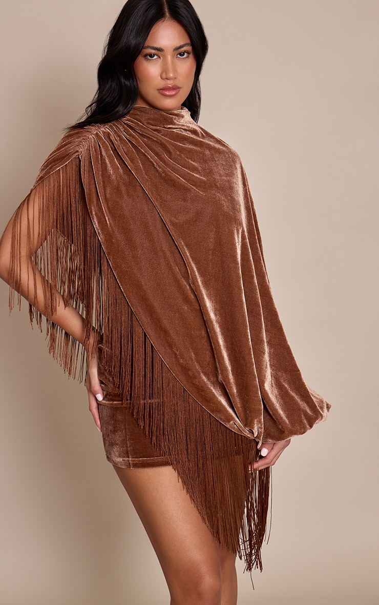 Golden Brown Velvet Cape Tassel Hem Mini Dress