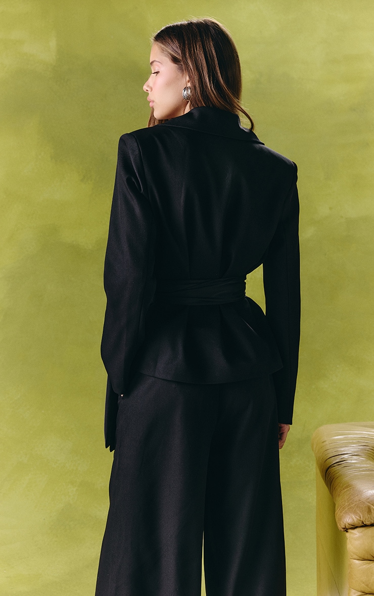 Black Woven Oversized Satin Belted Blazer image 2