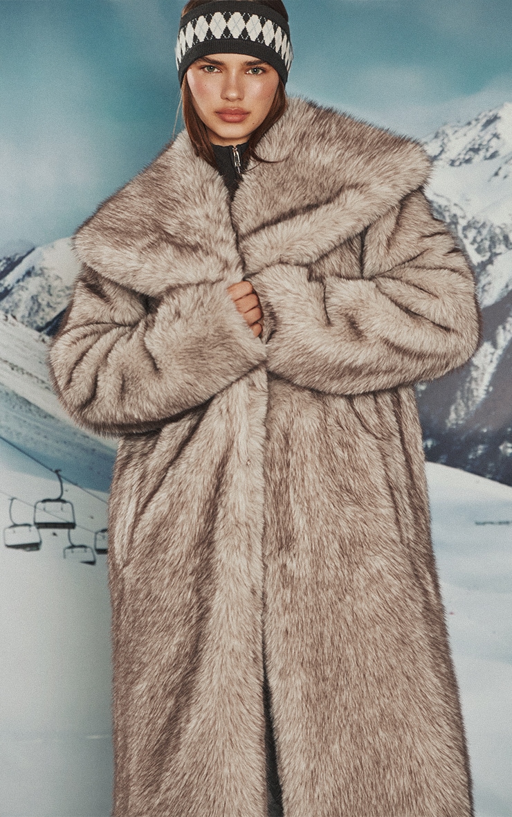 Beige Oversized Collar Fur Maxi Coat image 4