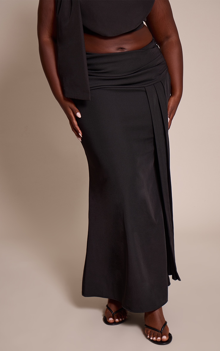 Plus Premium Black Woven Draped Fishtail Maxi Skirt image 2