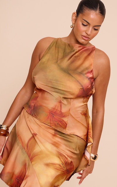 Plus Burnt Orange Printed Satin Cowl Back Asymmetric Ruffle Top