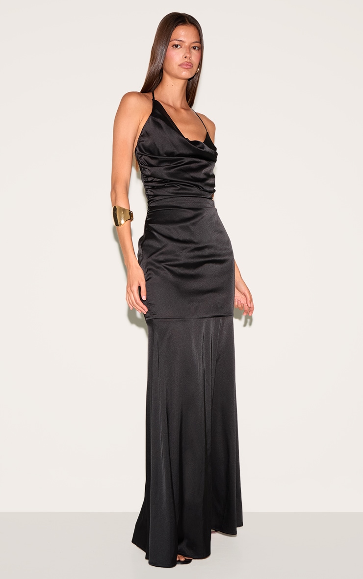 Black Satin Asymetric Drape Maxi Dress image 1