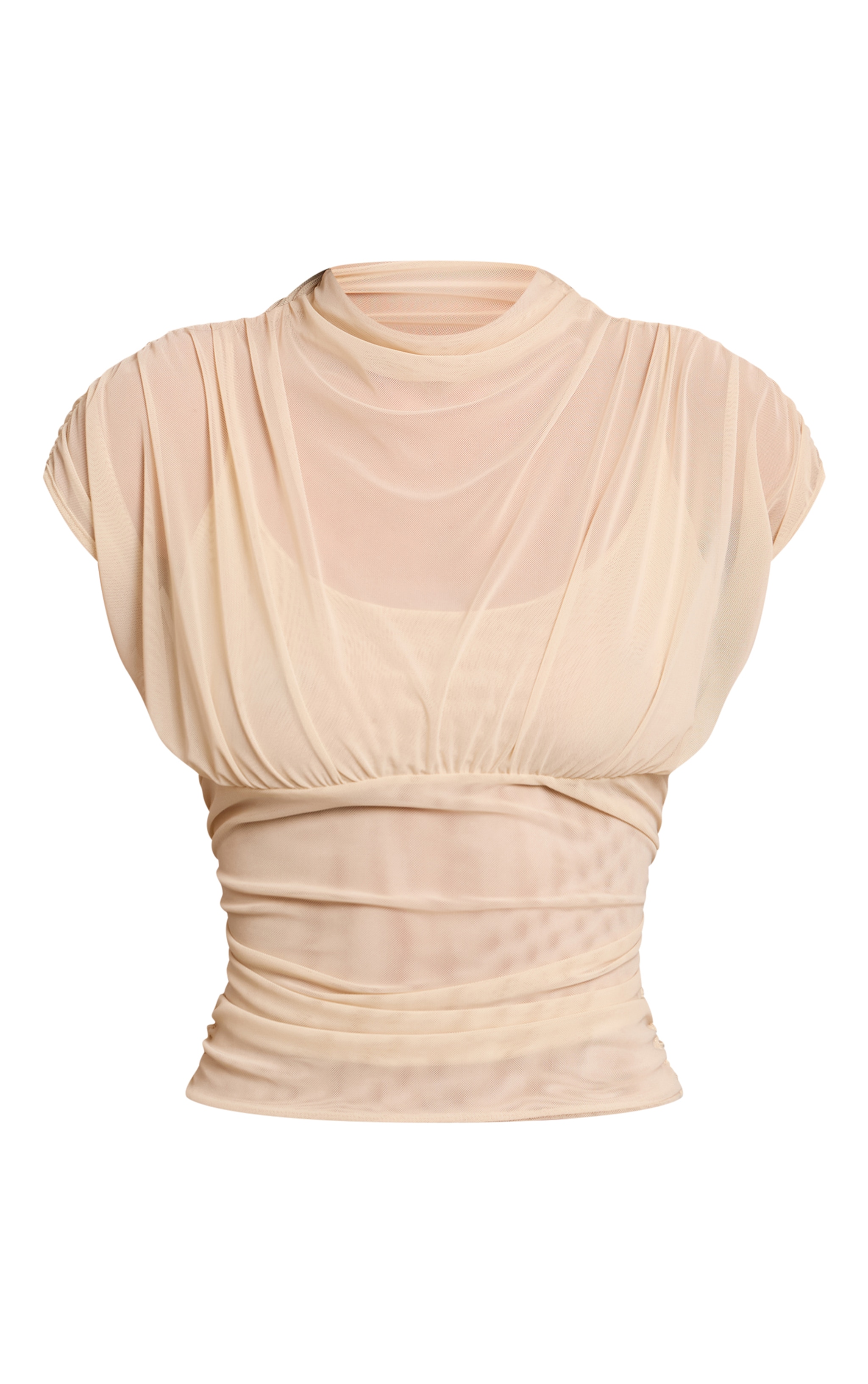 Cream Mesh High Neck Waist Detail Top image 5