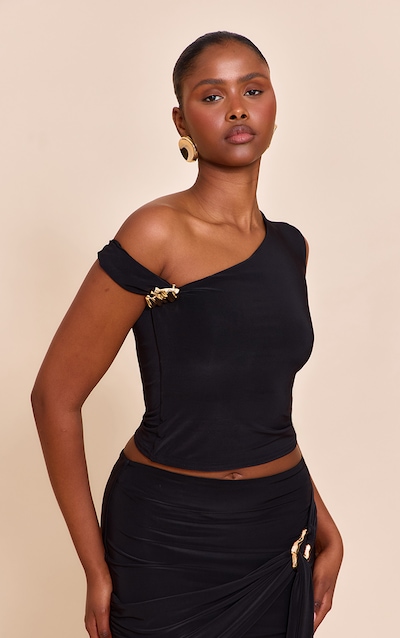 Black Double Layer Slinky Trim Detail Asymmetric Top