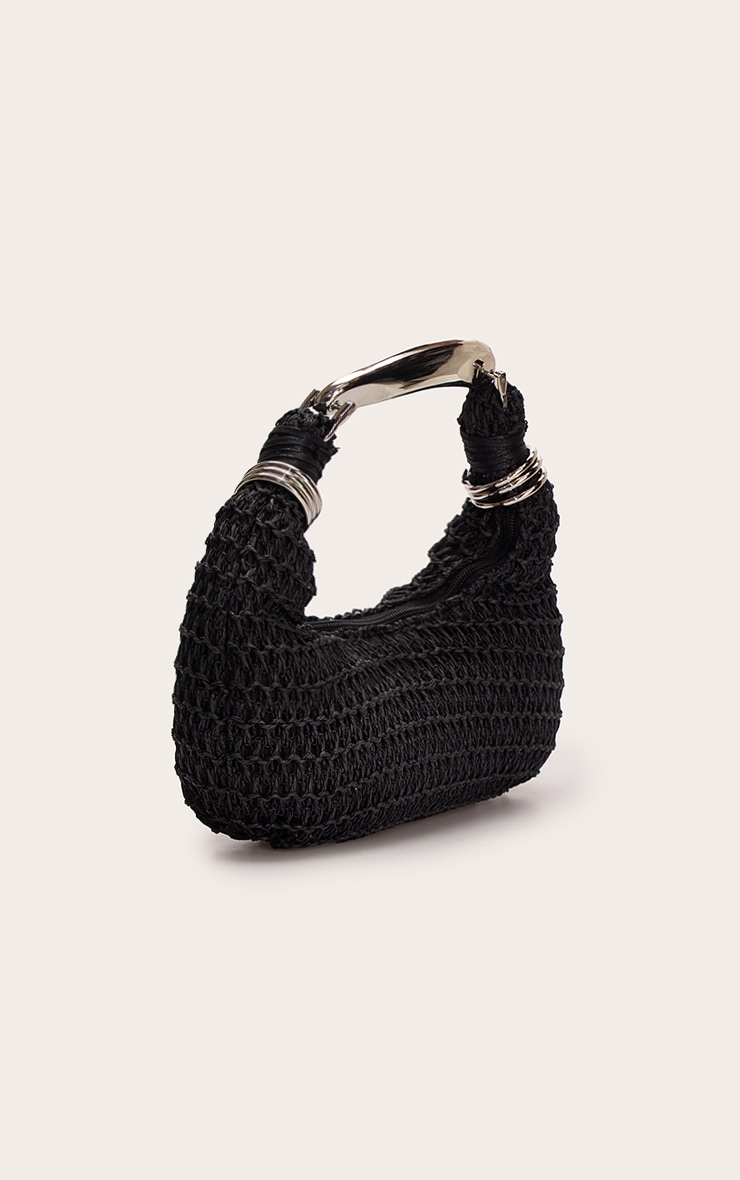 Silver Metal Handle Black Raffia Hand Bag image 3
