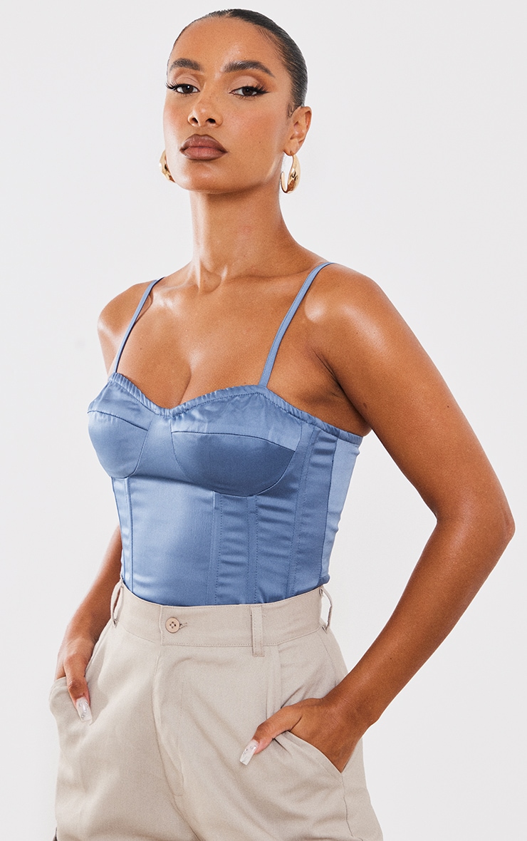 Dusty Blue Spaghetti Strap Satin Boned Corset image 1