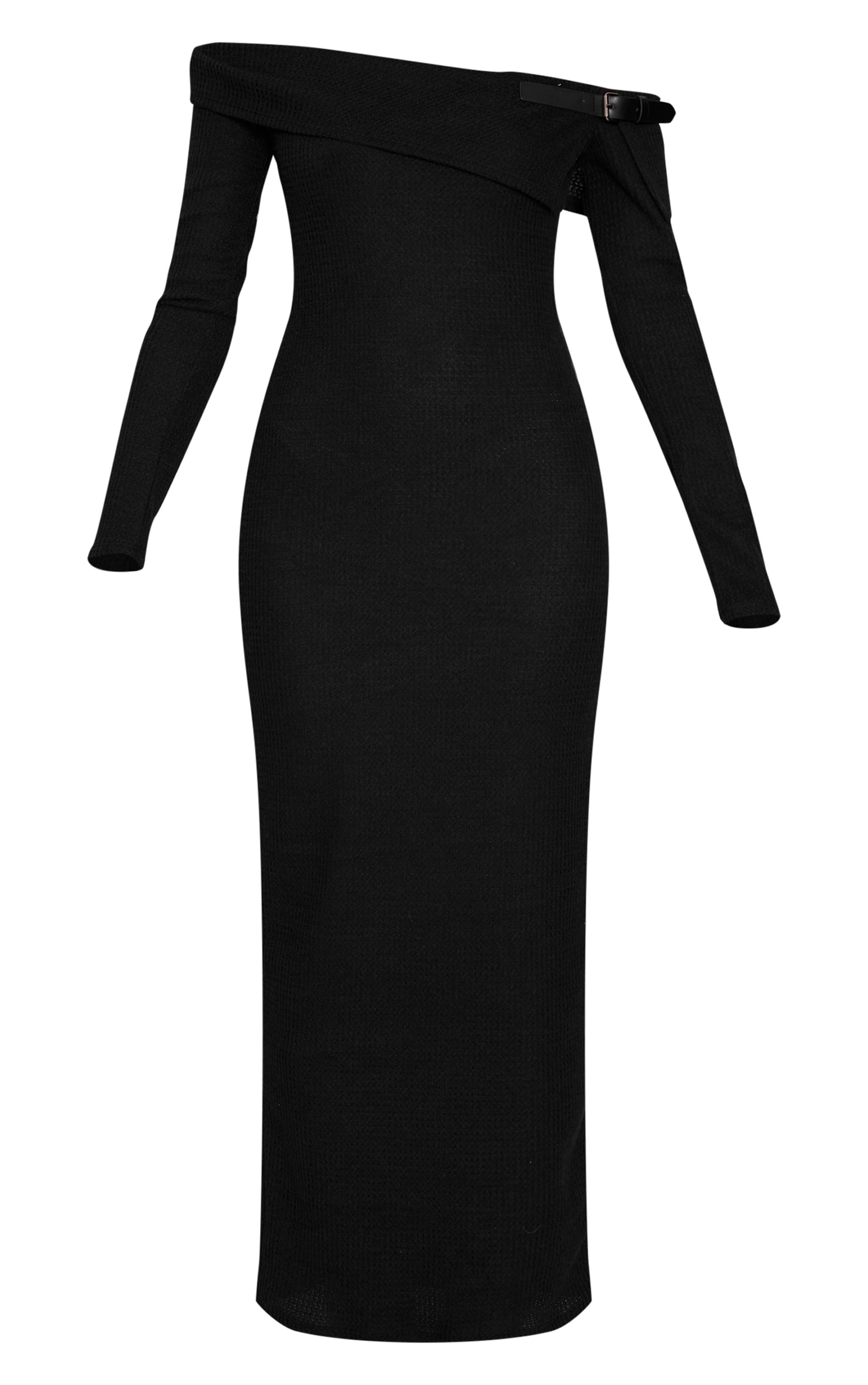 Black Textured Bardot Belt Detail Maxi Dress image 5
