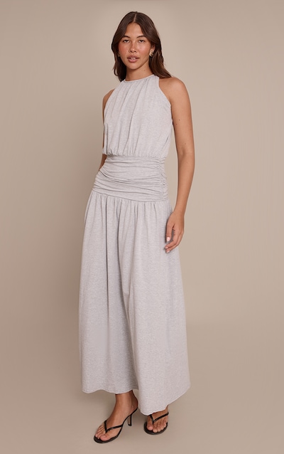 Charcoal Jersey Halterneck Ruched Detail Maxi Dress