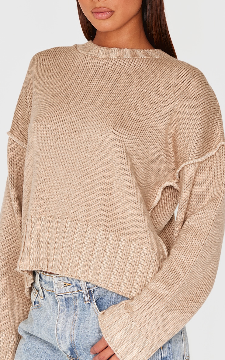 Taupe Exposed Seam Chunky Knit Oversized Sweater image 4