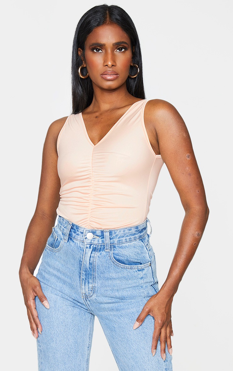Nude Slinky Ruched Front Plunge Bodysuit