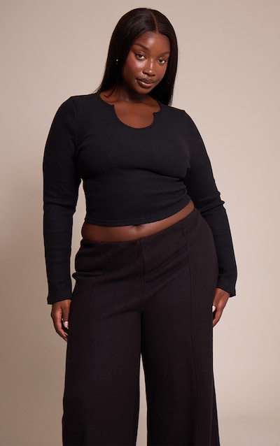 Plus Black Soft Touch Rib Round Neck Long Sleeve Top