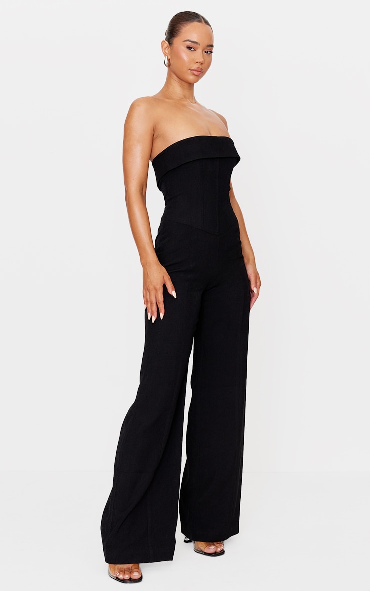 Premium Black Woven Bandeau Corset Straight Leg Jumpsuit image 3