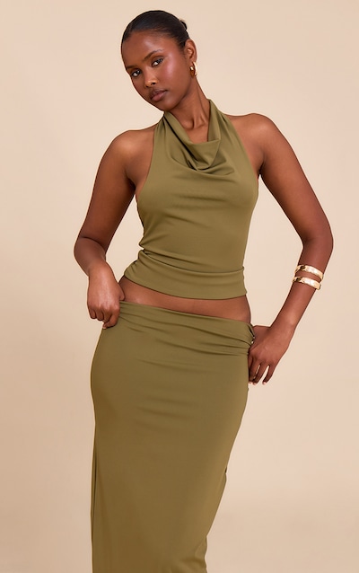 Olive Matte Sculpt Halterneck Gold Detail Backless Top