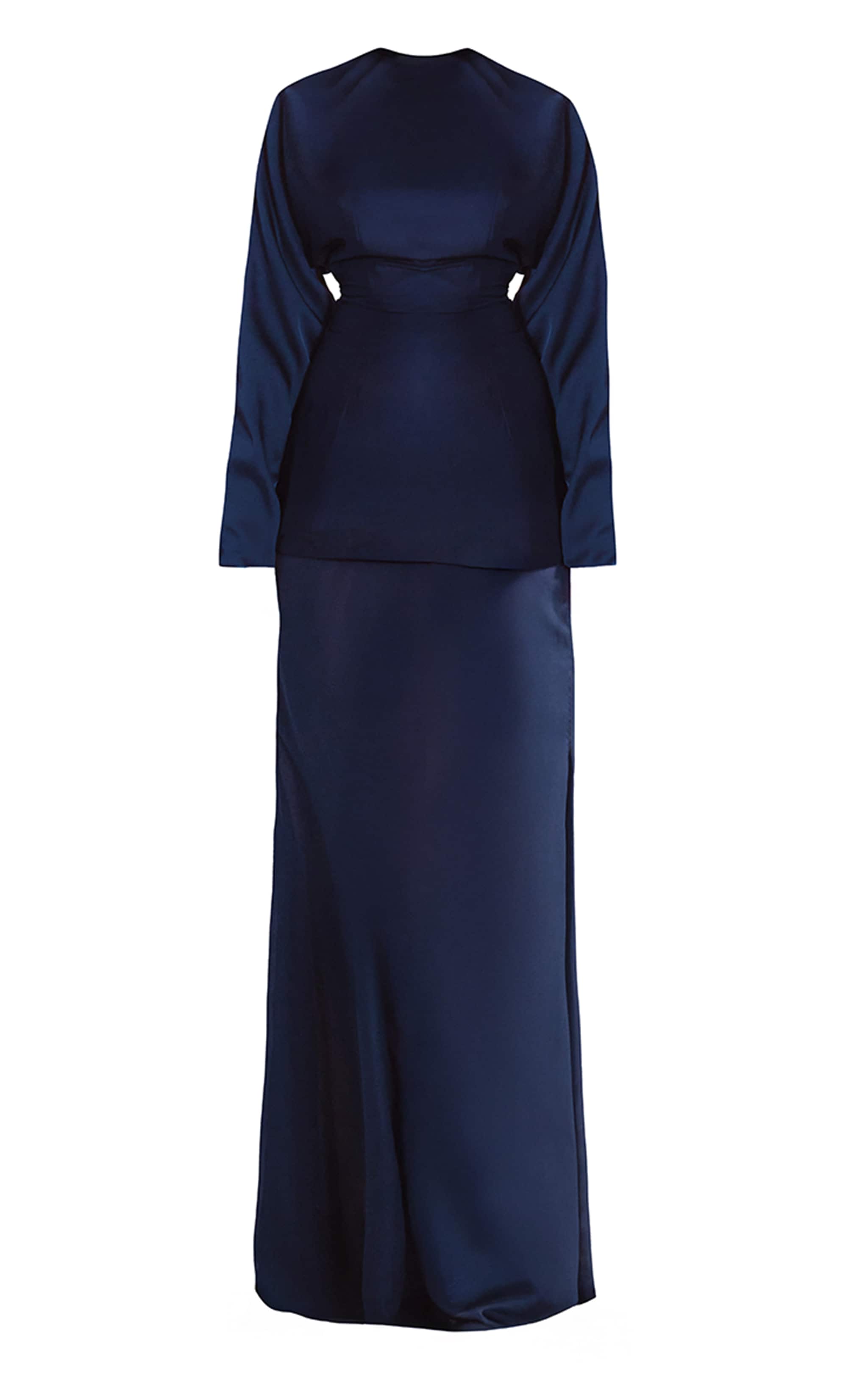 PLT Label Robe longue satinée bleu marine à col montant et jupe sirène en mousseline de soie image 5