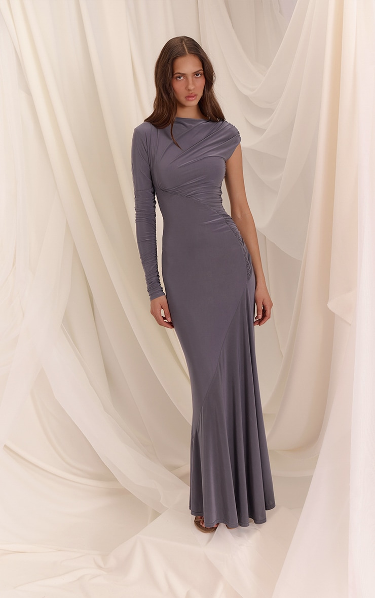 Slate Grey Slinky Ruched Seam Asymmetric Maxi Dress image 3