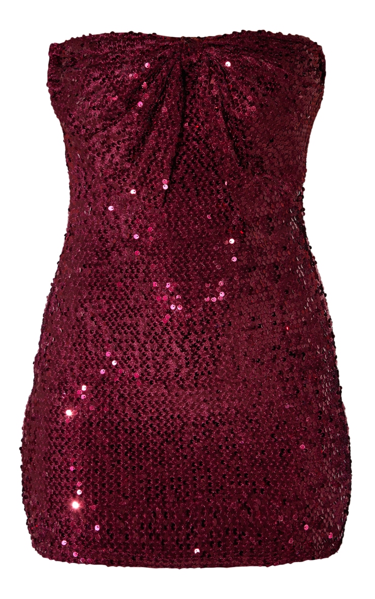 Burgundy Sequin Bow Detail Bandeau Bodycon Dress image 5