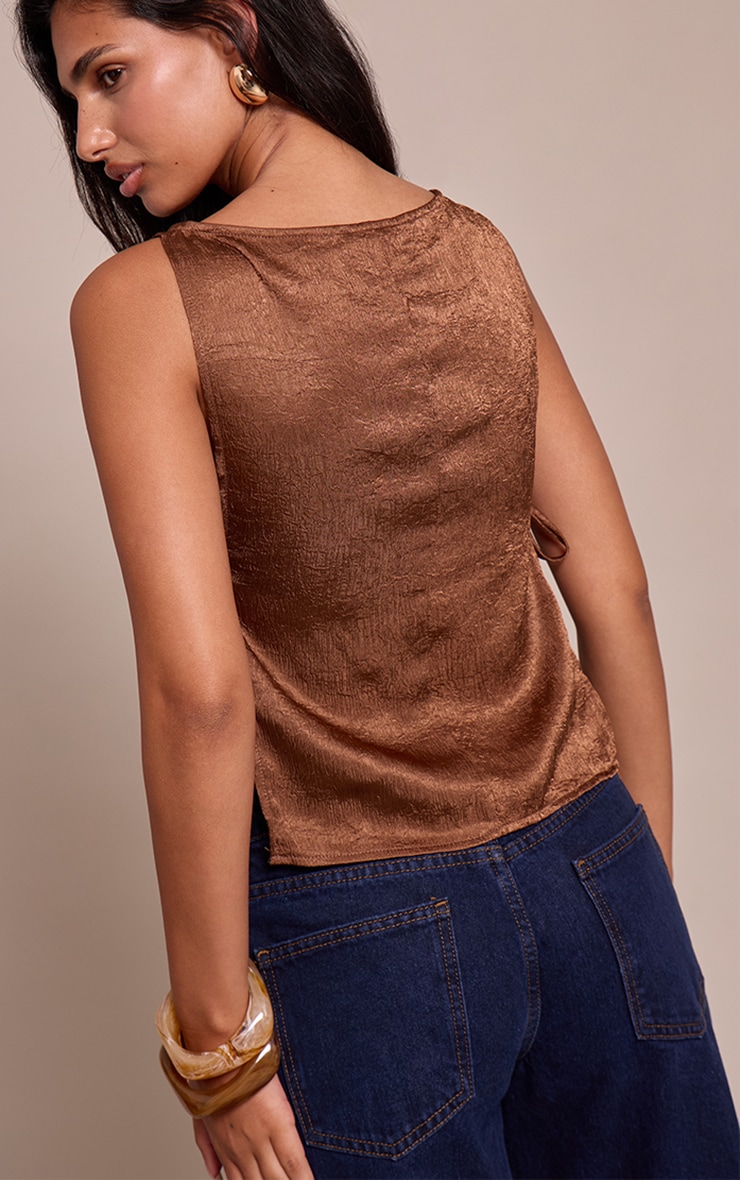 Chocolate Textured Satin Tie Side Long Top image 2