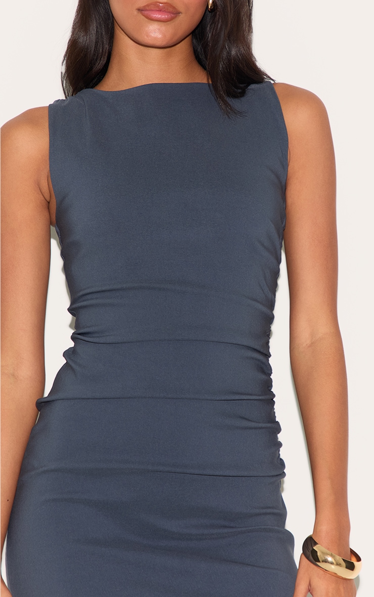 Charcoal Stretch Woven Boat Neck Ruched Detail Bodycon Dress image 4