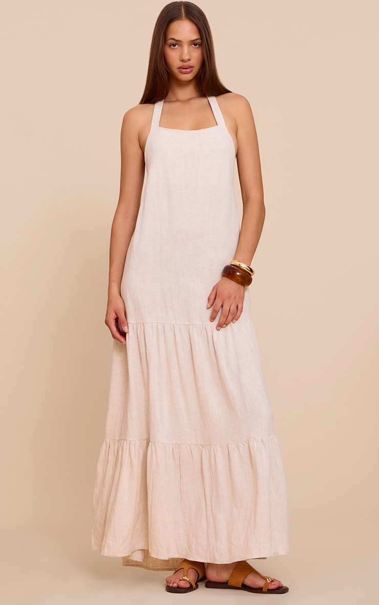 Natural Textured Halterneck Drop Waist Maxi Dress image 1