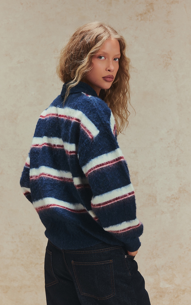 Navy Striped Brushed Knit Oversized Rugby Style Sweater  image 2