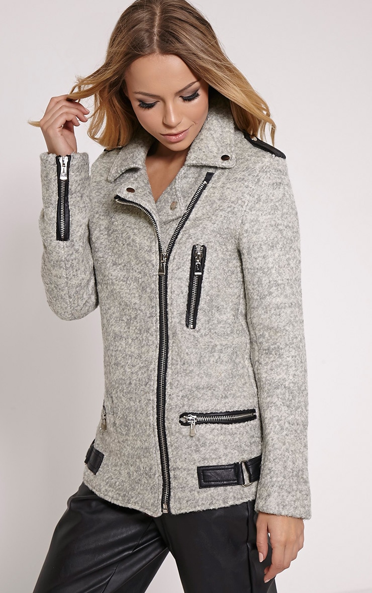 Keeva Grey Faux Wool Biker Style Jacket PrettyLittleThing