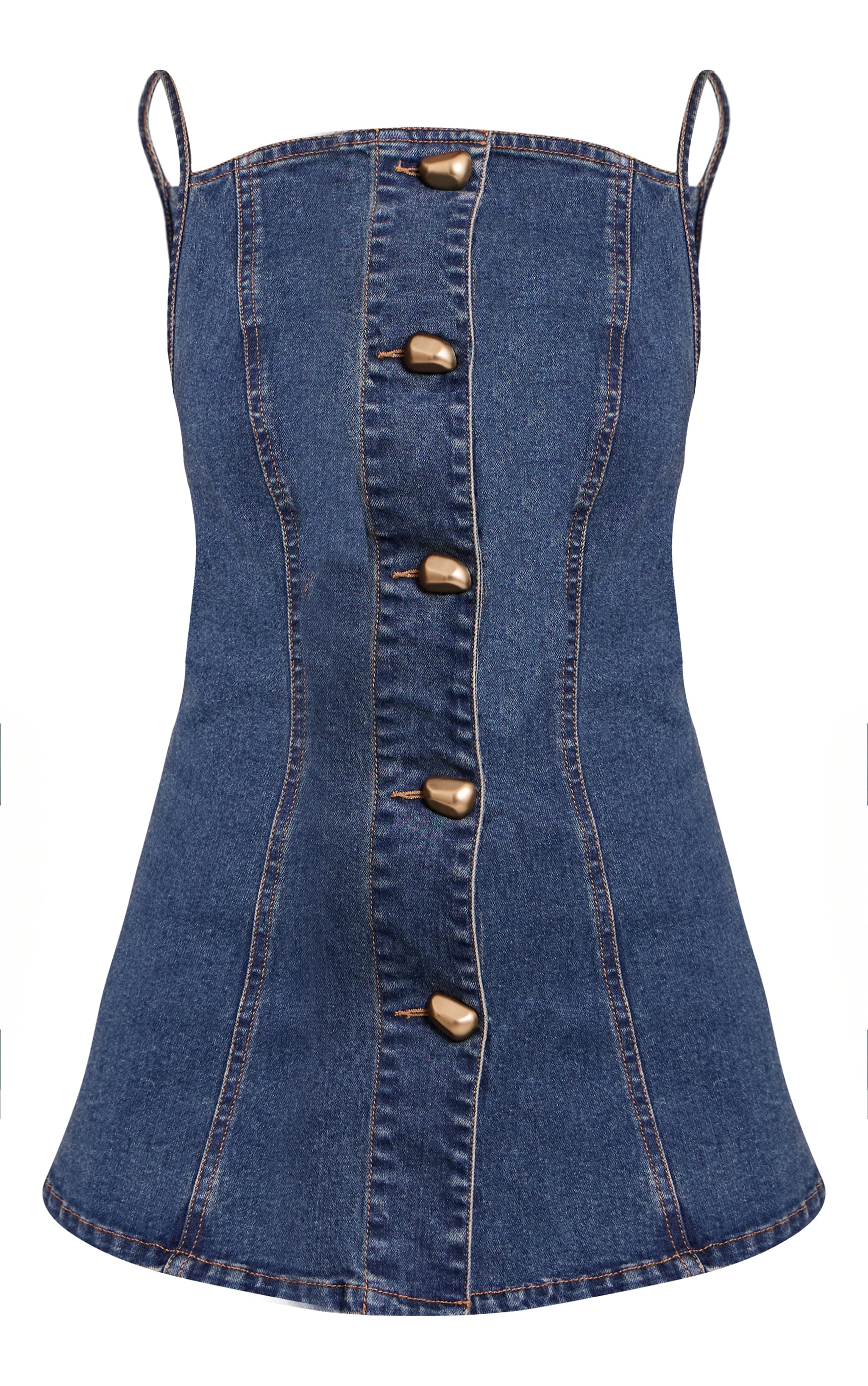 Dark Blue Gold Button Seam Detail Denim Cami Top image 5