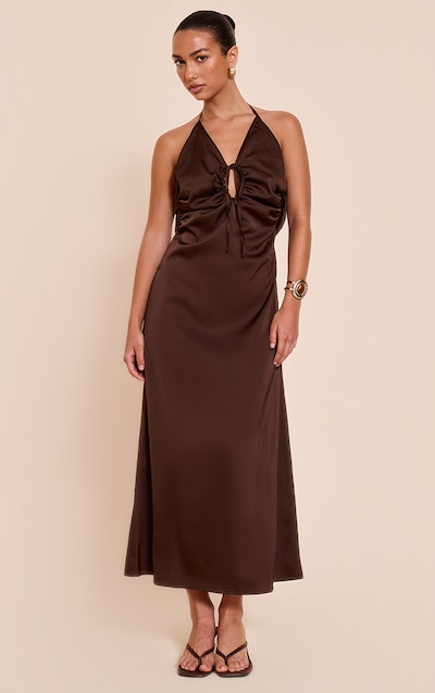 Chocolate Satin Tie Front Maxi Dress