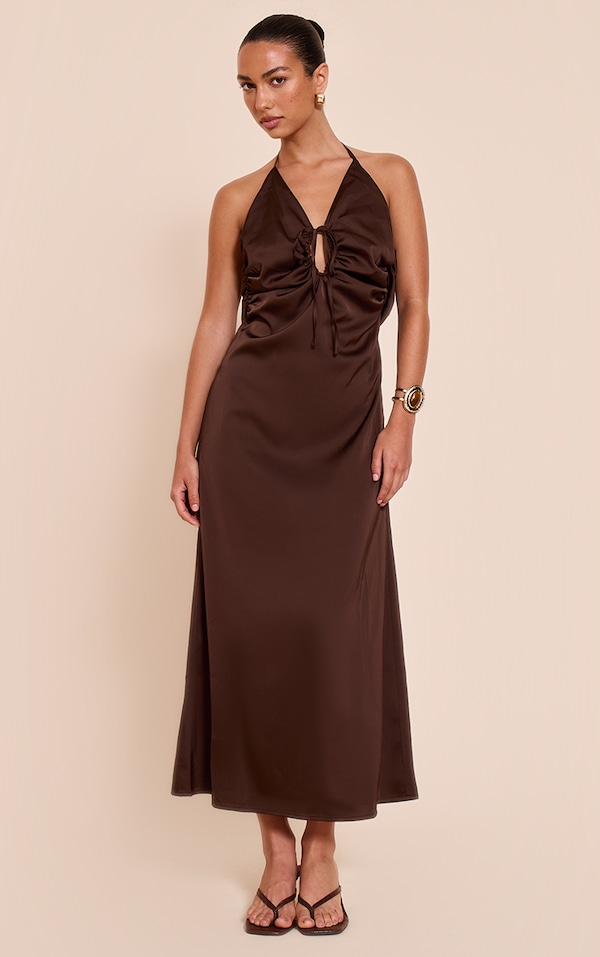 Chocolate Satin Tie Front Maxi Dress