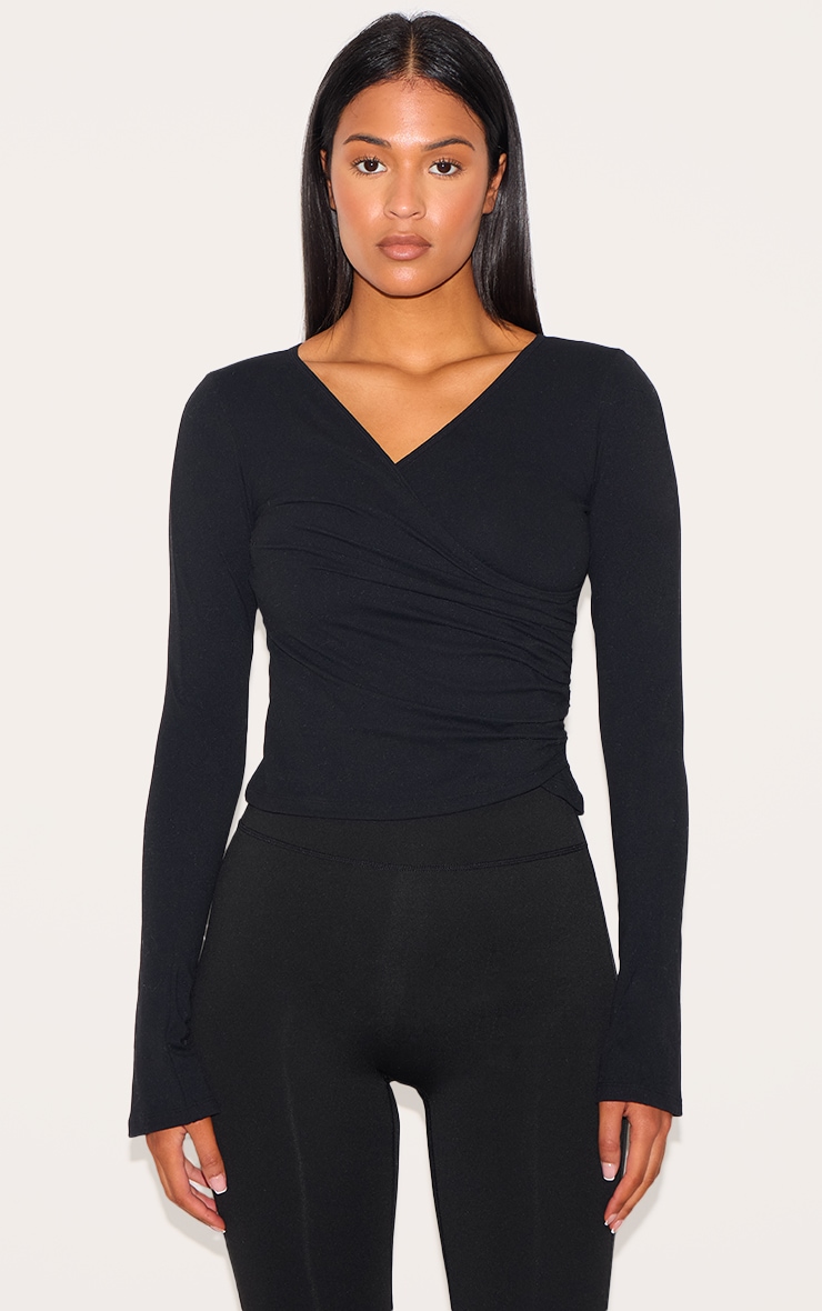 Tall Black Snatched Sculpt Asymmetric Long Sleeve Top image 1